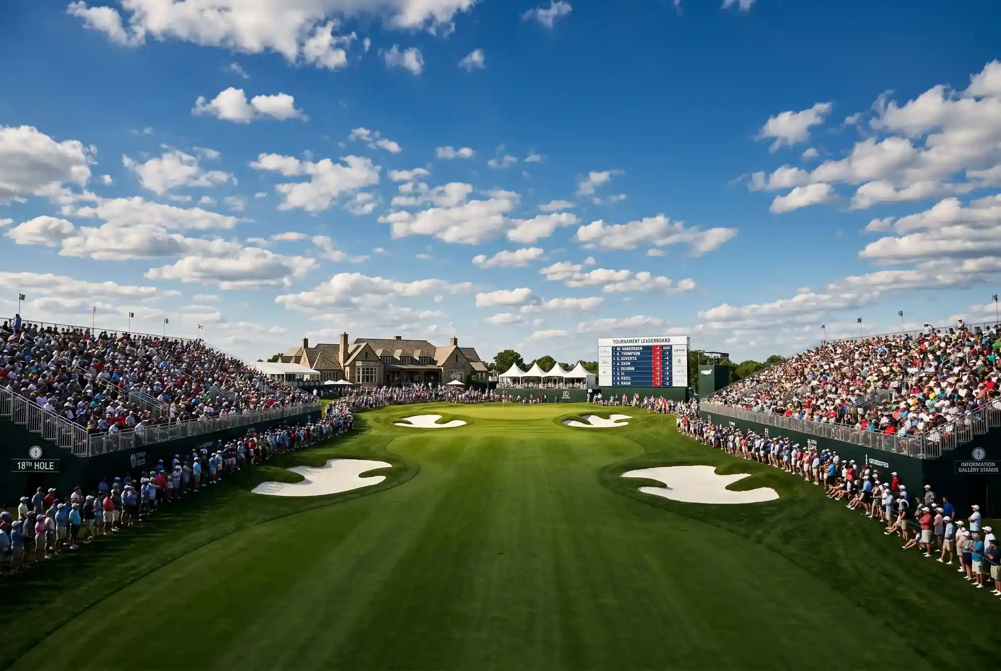 Blick über ein Major-Turniergelände mit Zuschauertribünen, Scoreboard und gepflegtem Championship-Golfplatz